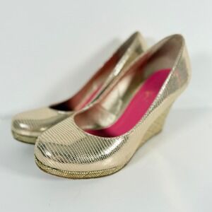 Lilly Pulitzer Gold Snakeskin Embossed Leather Wedge Pumps 6M Palm Resortwear